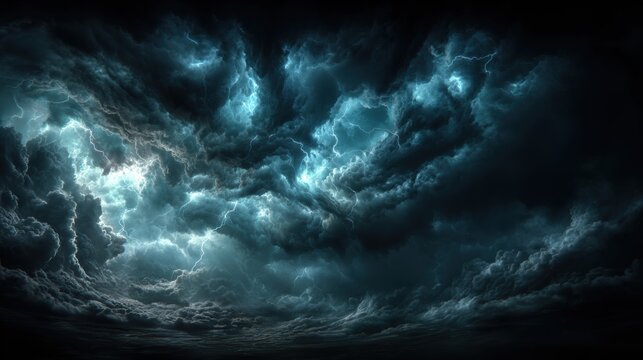 Fantasy wallpaper. A dramatic depiction of a stormy sky, captured in a digital art style. The main subject is a swirling formation of dark, stormy clouds, illuminated by a bright flash of lightning.