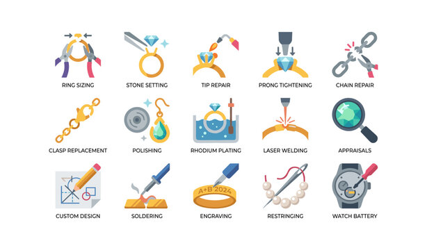 Jewelry repair icons showing services for rings chains and watches