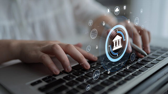 A global FinTech and digital banking network technology concept. A central financial system connected to the worldwide digital economy and services. Motif