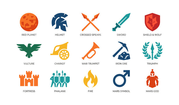 War and mythology icons depicting weapons and symbols on white