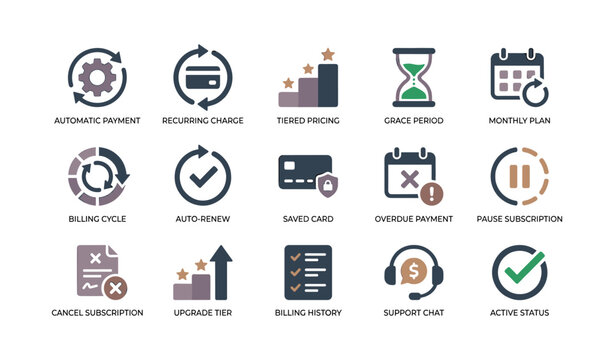 Subscription icons illustrating billing and payment concepts on white
