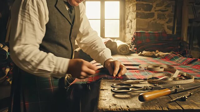 Senior artisan tailor hand sewing a traditional Scottish tartan kilt in a rustic stone workshop with natural window light illuminating his meticulous needlework
