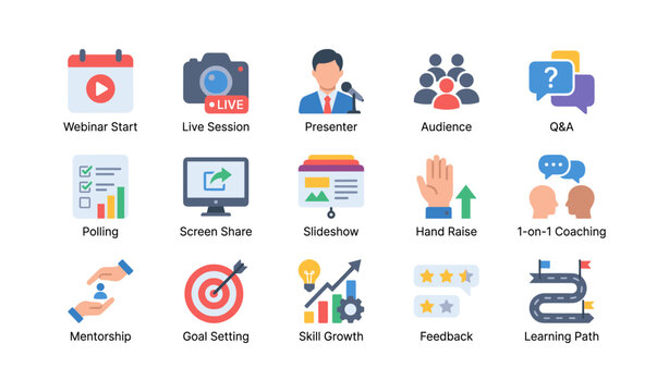 Set of webinar and training icons showing presenter and audience