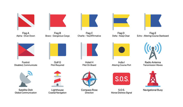 Maritime signal flags and navigation icons on white grid
