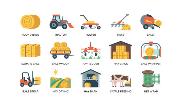 Hay and bale equipment icons arranged in labeled grid on white