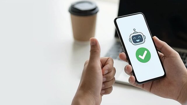 User Interacting with Mobile App Featuring Ai Robot and Verification Checkmark