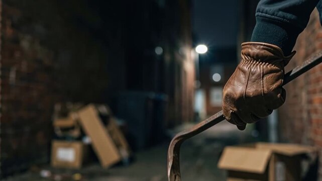 Crowbar leather glove hand crime thief burglary holding pry bar weapon in dark urban alleyway for breaking and entering concept