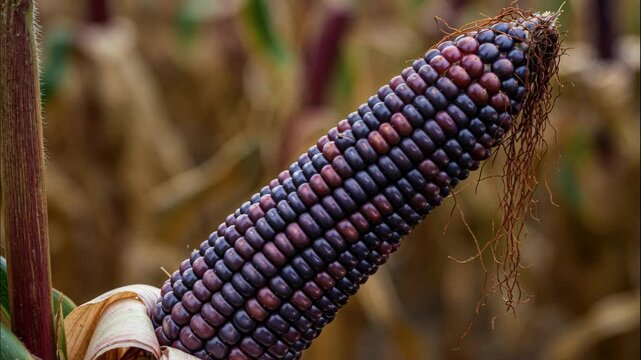 Vibrant Corn on the Cob: Capturing a close-up of a striking corn on the cob, boasting a kaleidoscope of colors and intricate textures, ready for harvest, symbolizing agricultural abundance.