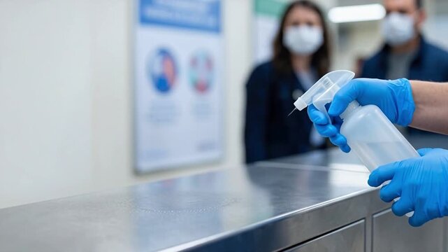 Blue Gloves Spraying Cleaning Solution for Disinfection in Indoor Space