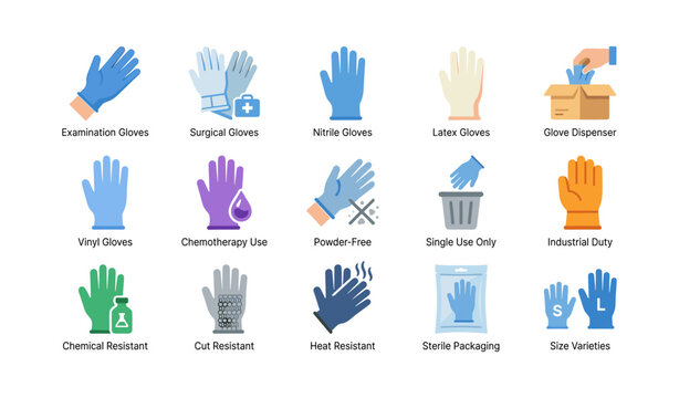 Glove icons depicting types and uses on white background
