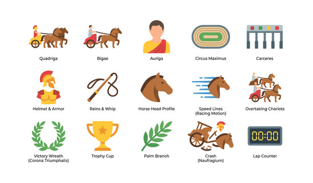 Ancient chariot racing icons and symbols in grid layout