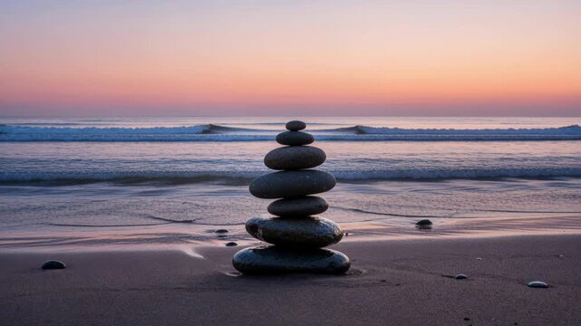 Serenity by the Sea: A perfectly balanced stack of smooth stones stands on the sandy shore, set against a backdrop of a tranquil sunset, embodying peace, balance and meditation.
