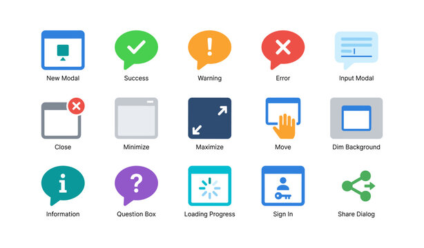 Grid of dialog and modal icons for alerts and window controls