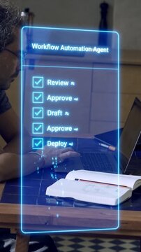 People work together using a workflow automation agent to complete tasks on a vertical dashboard. They review, approve, draft, and deploy from their laptops in an office environment