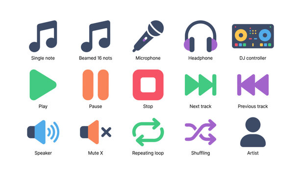 Music player and audio control icons arranged in grid