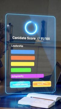A recruiting agent analyzes a candidate profile on a computer. The scoring system rates leadership, adaptability, and other skills. The agent focuses on improving the process