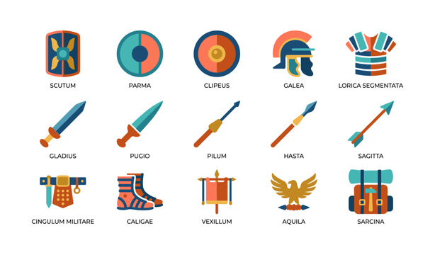 Roman military icons depicting weapons and equipment on white