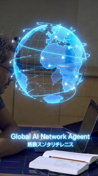 Vertical holographic Global AI Network Agent wireframe globe nodes data arcs Japanese label black 9:16