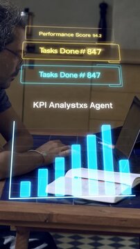 A KPI analyst agent presents performance scores and metrics with floating graphics in an office location. The analyst works with data and displays graphs for analysis