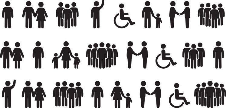 People and user silhouettes icons showing individuals, groups and crowd concepts. Black filled glyph symbols for UI, HR, social media, business dashboards, apps and corporate interfaces.