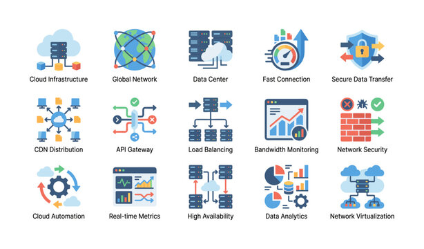Cloud and network infrastructure icons showing server services