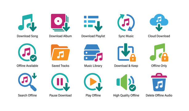 Music icons for download and offline playback on white background