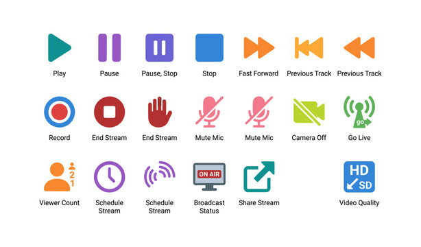Streaming and media control icons for playback and broadcast