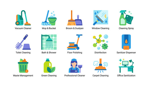 Cleaning icons depicting tools and facility sanitization tasks