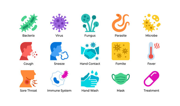 Pathogen and symptom icons disease transmission on white background