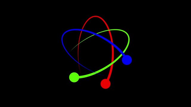 Animated RGB atom symbol with rotating electrons on a black background. High-tech science and physics motion graphic.