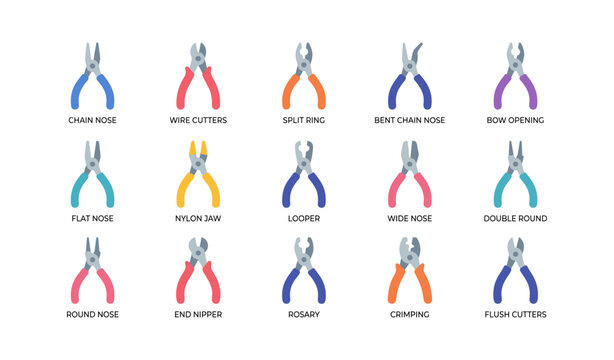 Assorted pliers and cutters icons arranged in grid on white background