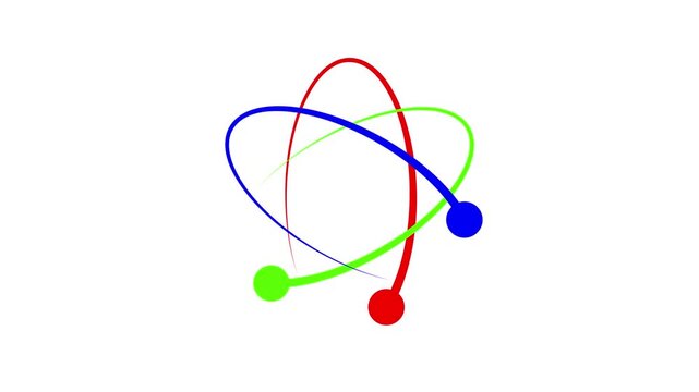 Colorful atom icon animation with revolving particles on a white background. Minimalist educational physics concept video.