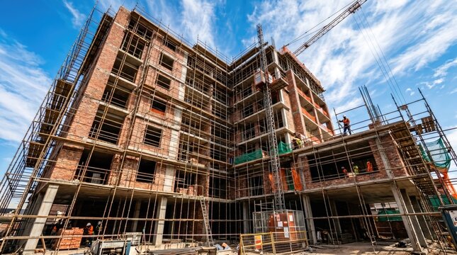 A multi-story building under construction with scaffolding and workers against a blue sky with clouds.