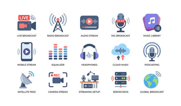 Streaming and broadcast icons illustrating audio and video services