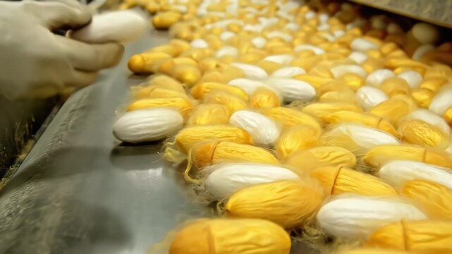 Factory worker wearing white gloves sorts yellow and white silkworm cocoons on a moving conveyor belt during the silk production process