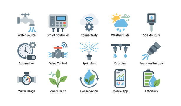Smart irrigation and water management icons in grid layout