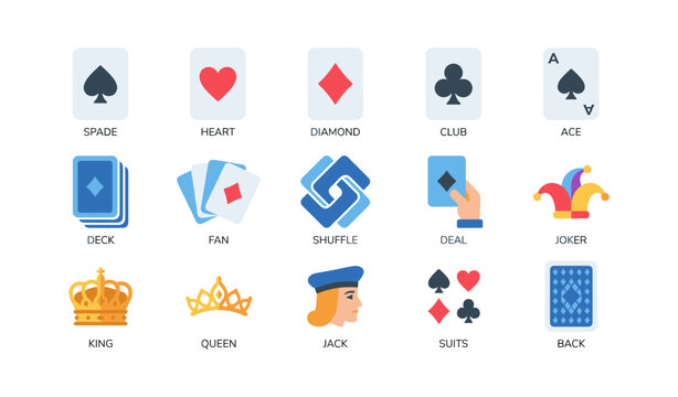 Playing card suits and deck symbols arranged on white background
