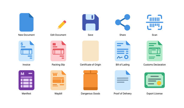 Document and logistics icons arranged on white interface background