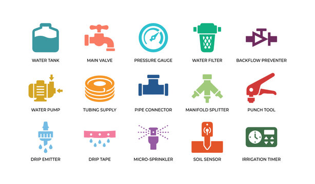 Irrigation and plumbing icons arranged in labeled grid layout