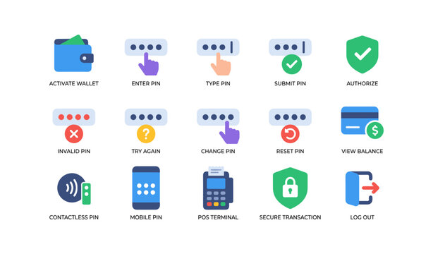 Banking and pin authentication icons arranged in grid layout