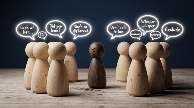 A dark wooden figure is socially excluded and surrounded by lighter wooden figures whispering and judging, symbolizing isolation and bullying.