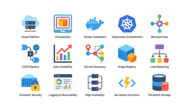 Cloud platform and container icons arranged in grid on white