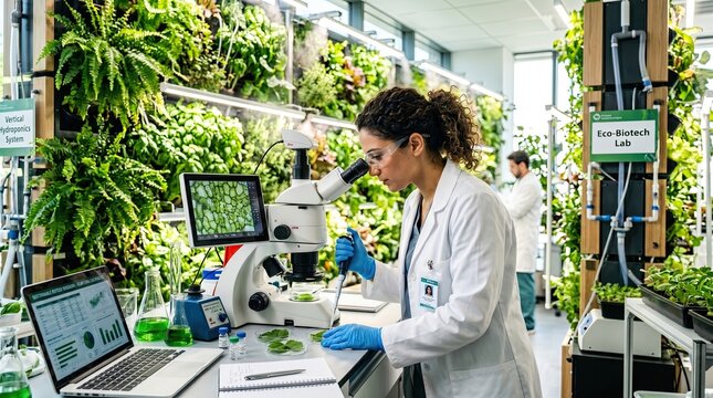 A scientist in a lab coat examines samples under a microscope in a laboratory filled with vertical gardens and advanced biotechnology equipment.