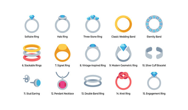 Variety of ring and jewelry icons arranged in grid on white