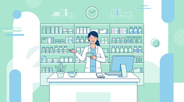 Pharmacist at a well stocked store counter providing health advice among shelves of medicines.