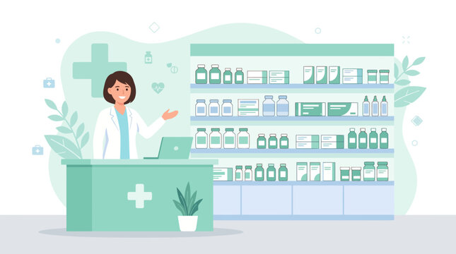 Female pharmacist at a modern pharmacy counter assisting customers with medications and healthcare products.