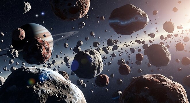 Many asteroids and rocks floating in deep dark outer space. astroid belt