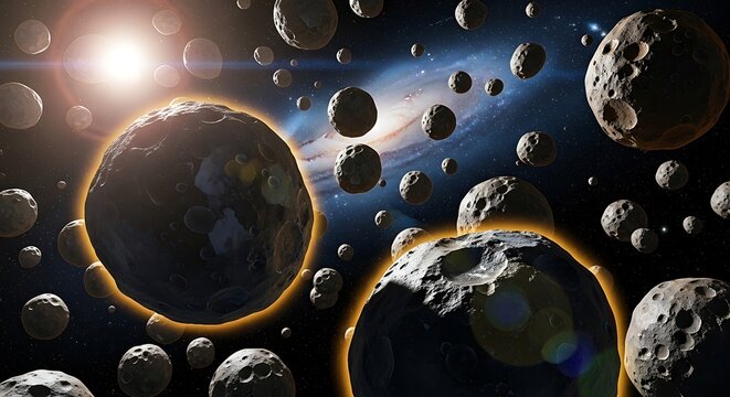 Many moons and rocky planets floating in deep dark space with bright sun light. astroid belt