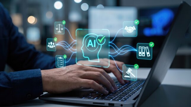 A person types on a laptop with AI-related icons representing technology, law, business, and data management floating above the keyboard.