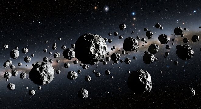 Group of asteroids floating in deep outer space with stars. astroid belt
